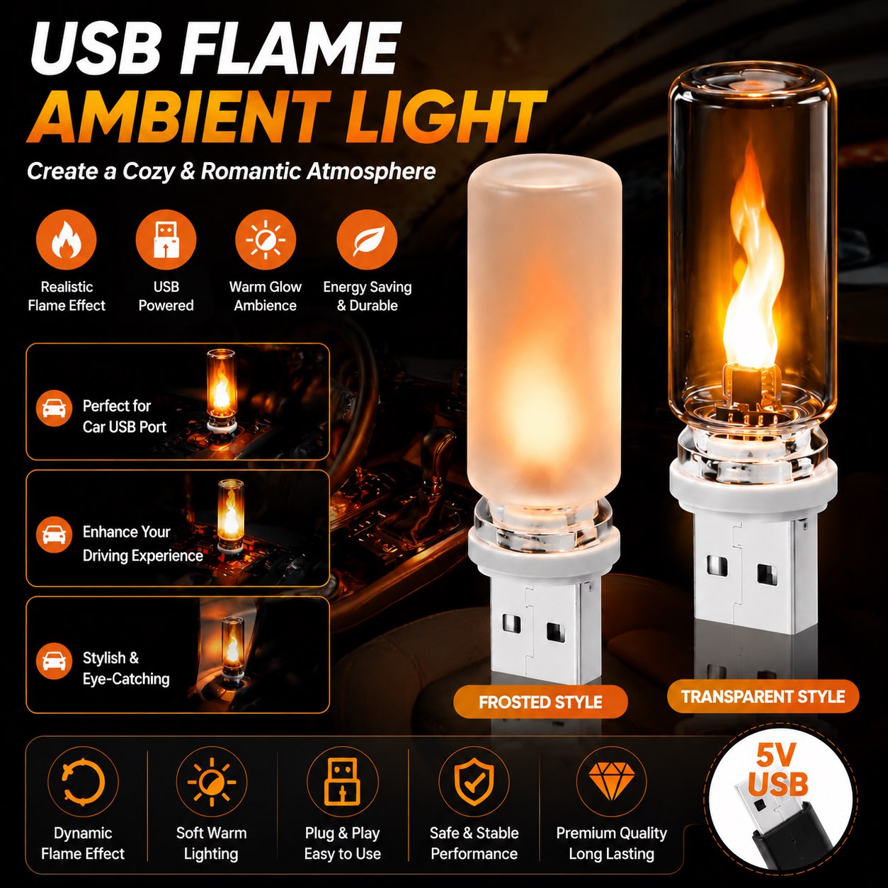 Sos Light Strobe - USB LED Flammen-Nachtlicht Mattiertes Klarglas Flackerndes